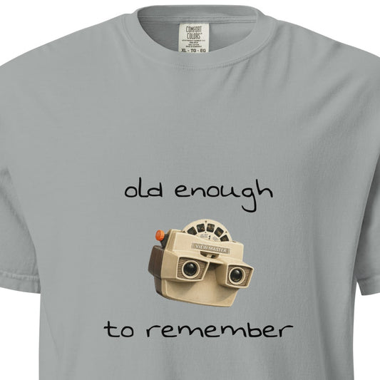 Unisex garment-dyed heavyweight View-Master T-shirt in granite color with front graphic design, by wayward.biz.