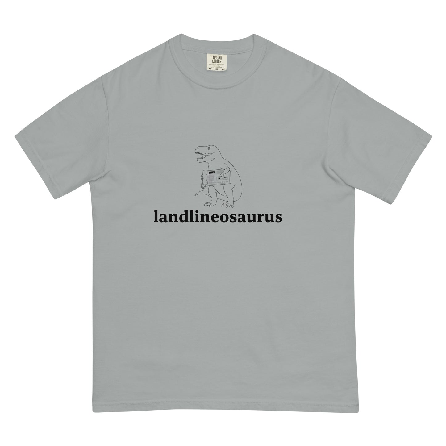 Unisex Landlineosaurus heavyweight garment-dyed T-shirt in granite color, front view, made by wayward.biz.