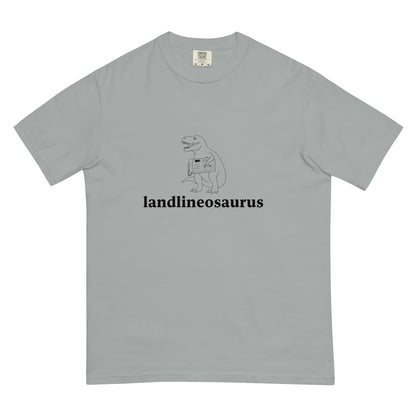 Unisex Landlineosaurus heavyweight garment-dyed T-shirt in granite color, front view, made by wayward.biz.