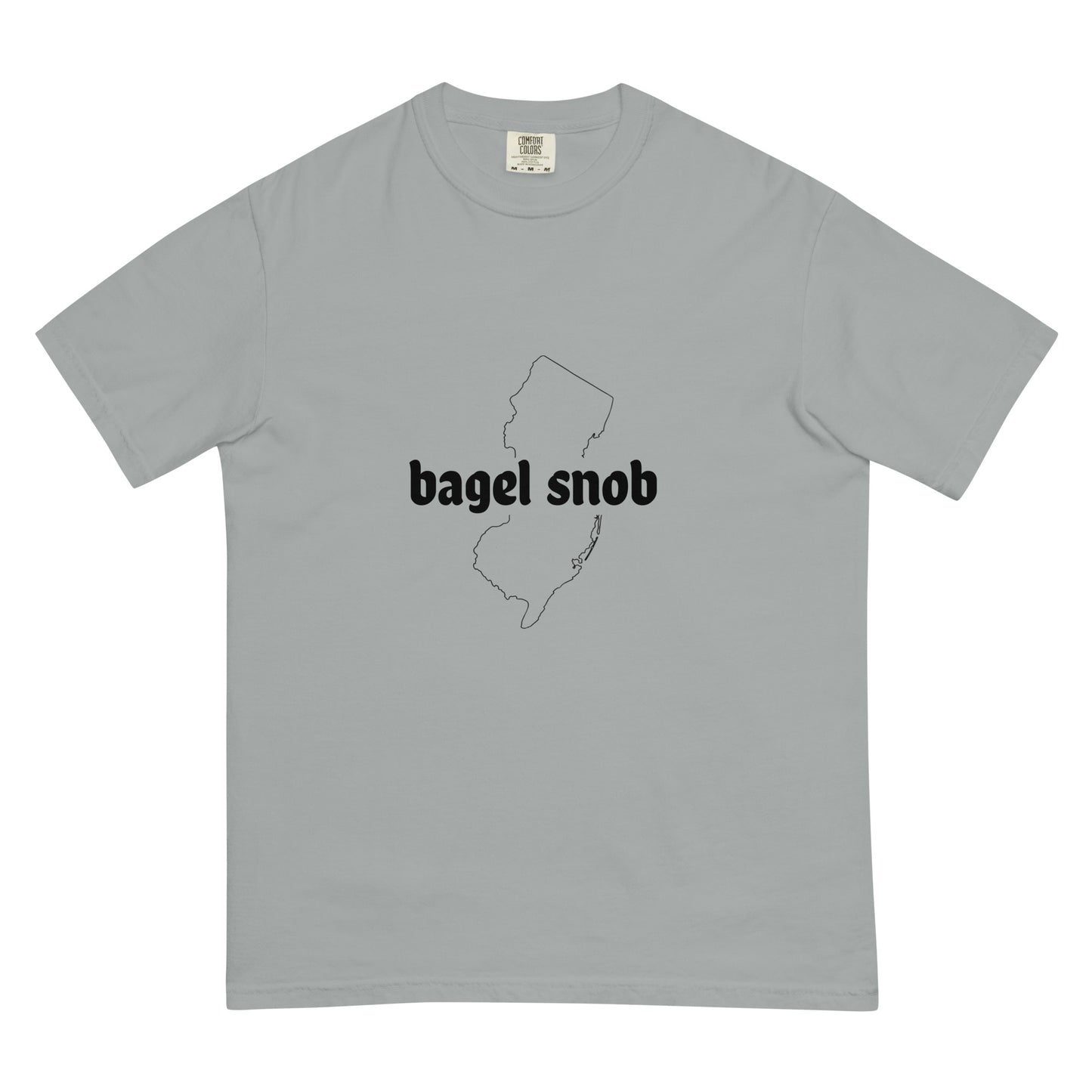 Unisex Bagel Snob heavyweight garment-dyed T-shirt in granite color, front view showing soft fabric and classic fit.