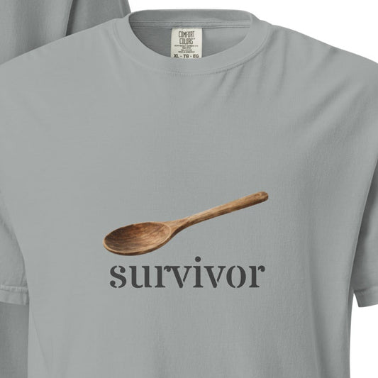 Unisex heavyweight garment-dyed granite T-shirt with wooden spoon Survivor graphic on front and back, by wayward.biz