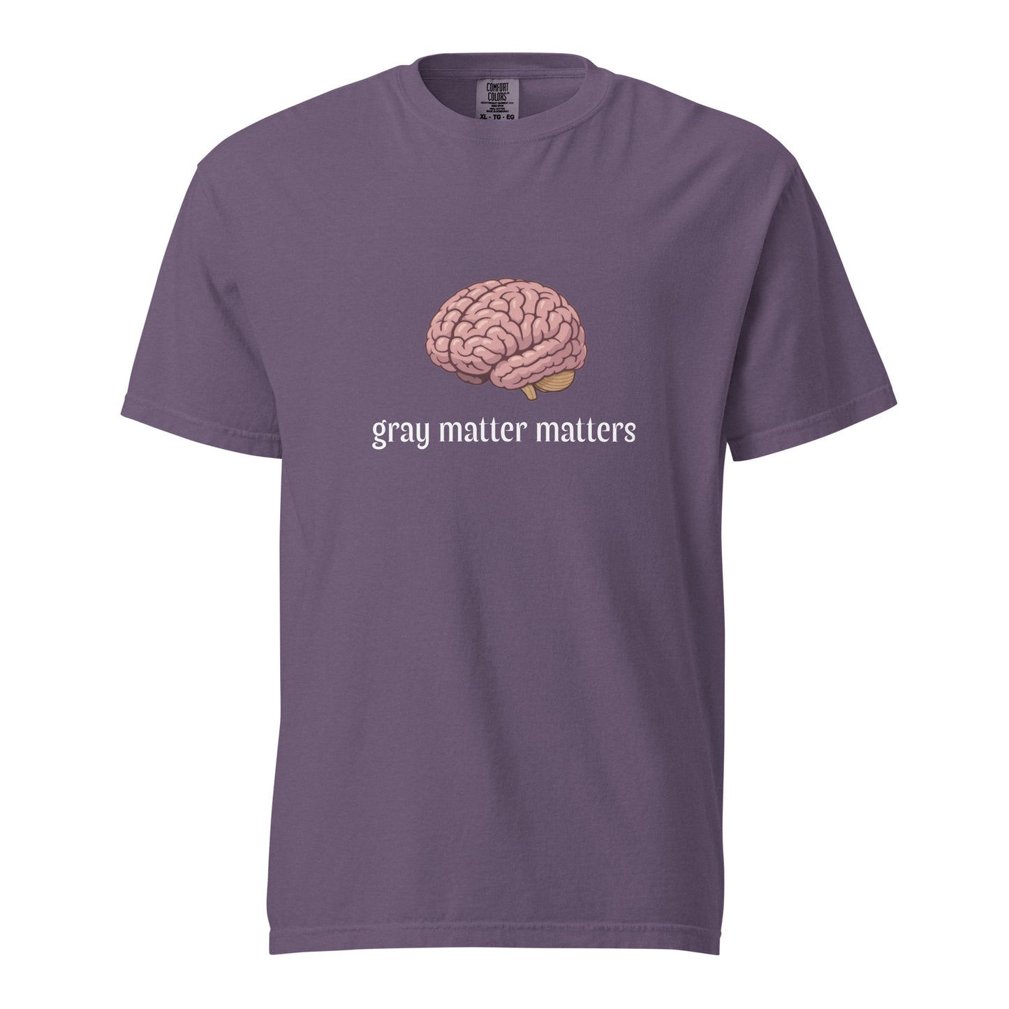 Gray Matter Matters unisex garment-dyed heavyweight T-shirt in dark grape color, front view showing casual fit and soft fabric.