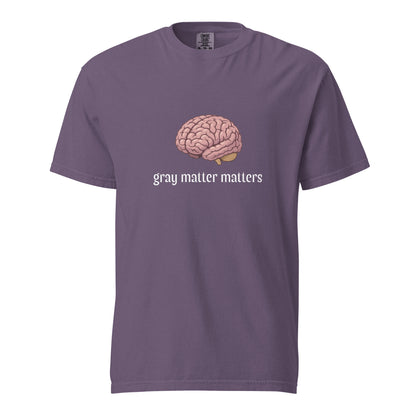 Gray Matter Matters unisex garment-dyed heavyweight T-shirt in dark grape color, front view showing casual fit and soft fabric.