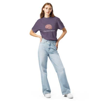 Gray Matter Matters unisex garment-dyed heavyweight T-shirt in dark grape color, front view showing soft fabric and classic fit.
