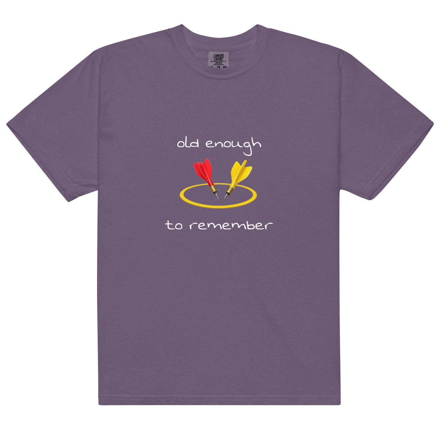 Unisex grape-colored garment-dyed heavyweight T-shirt with "Old enough to remember" print, by wayward.biz, front view.