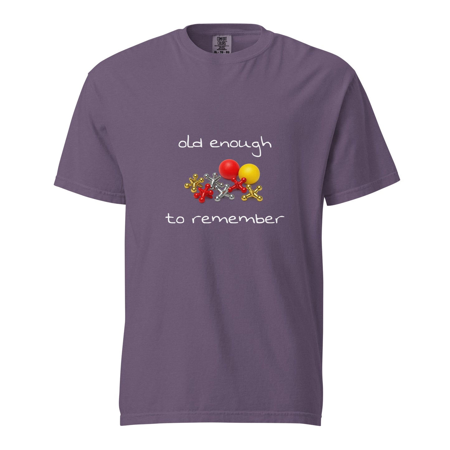 Unisex garment-dyed heavyweight T-shirt in grape color with "Old enough to remember" print, from Wayward.biz.
