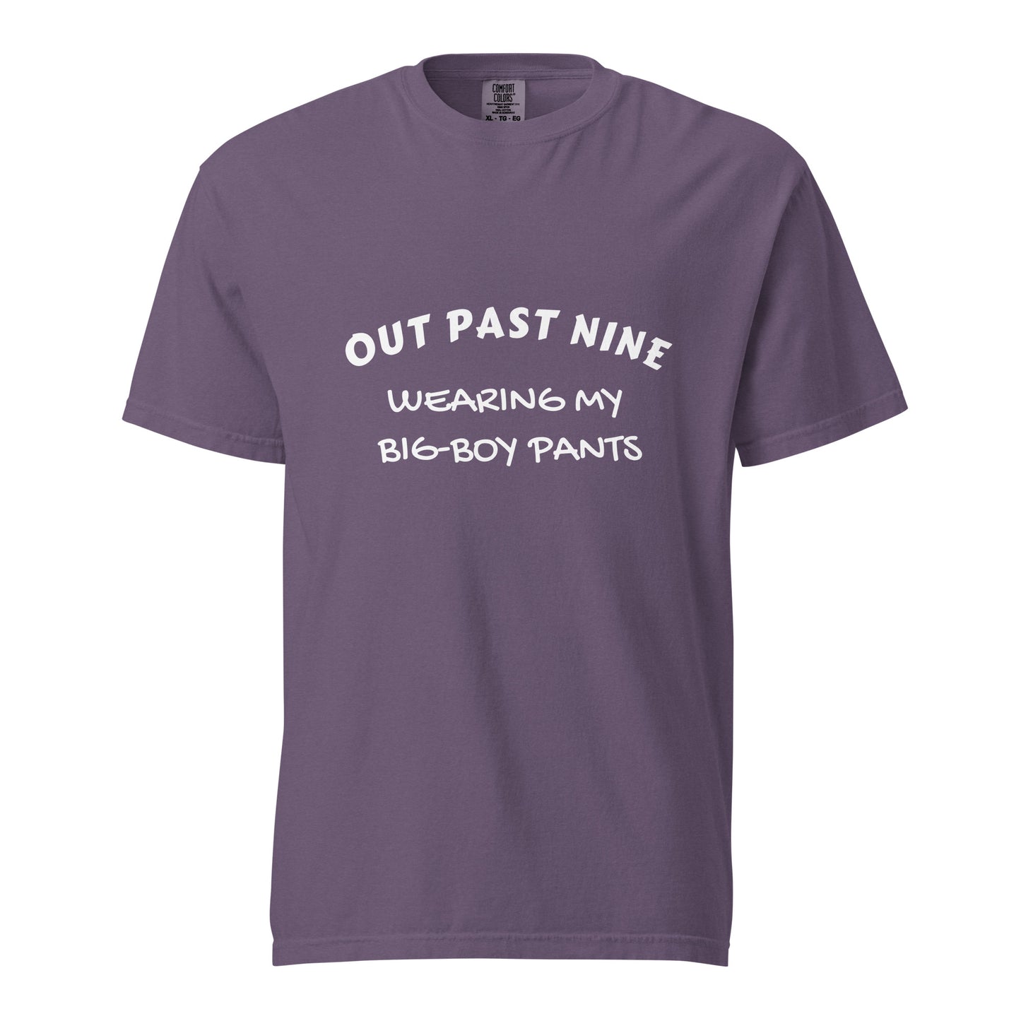Unisex heavyweight T-shirt from Out Past Nine by wayward.biz, in grape color with front graphic design.