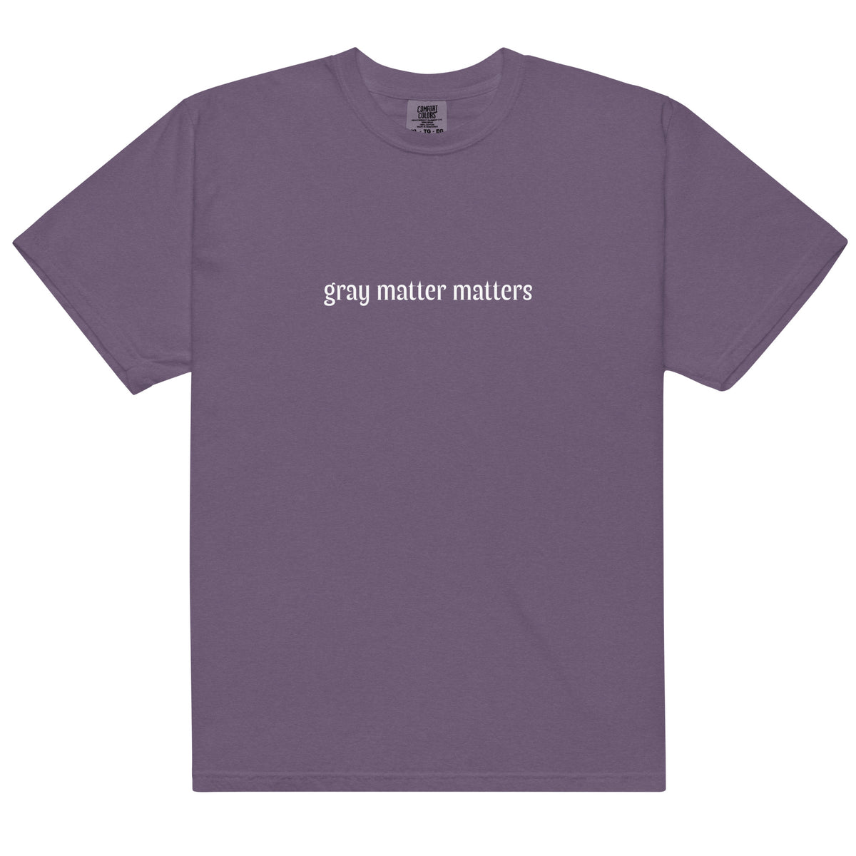Gray Matter Matters unisex garment-dyed heavyweight T-shirt in dark grape, front view showing soft, durable fabric and classic fit.