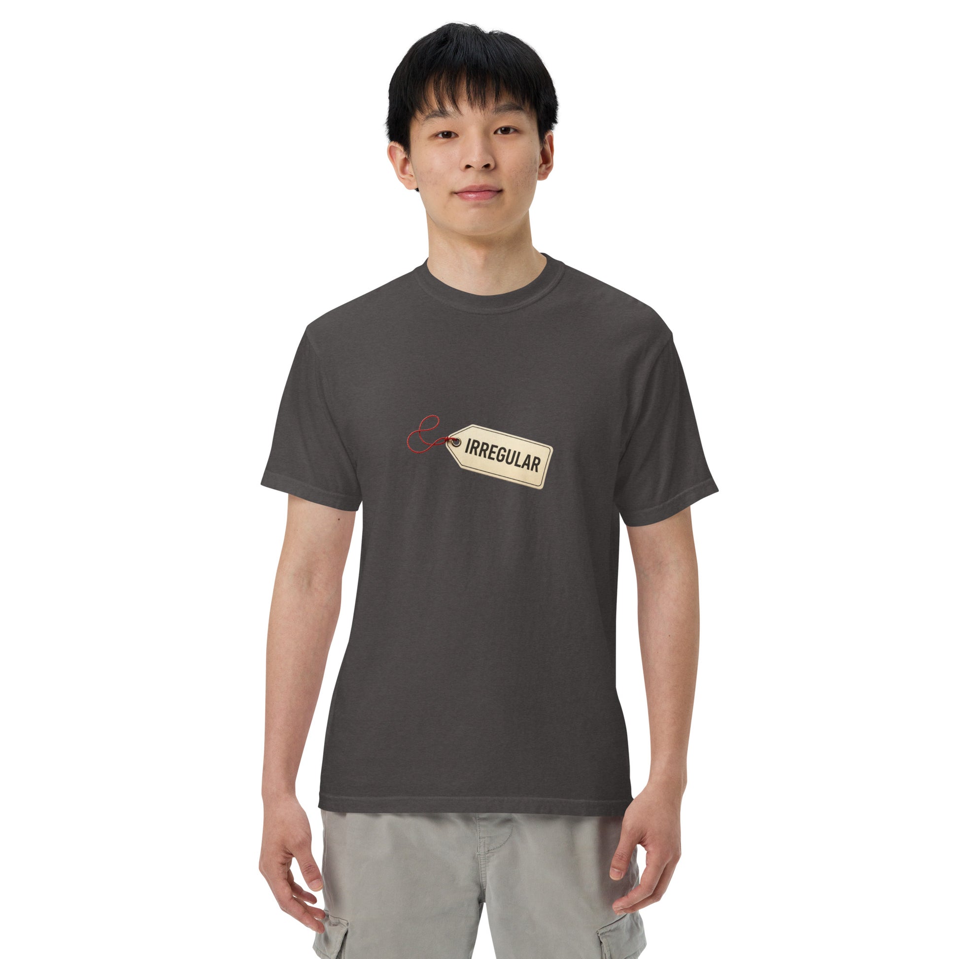 Unisex garment-dyed heavyweight T-shirt in graphite color with a front view, casual style by wayward.biz