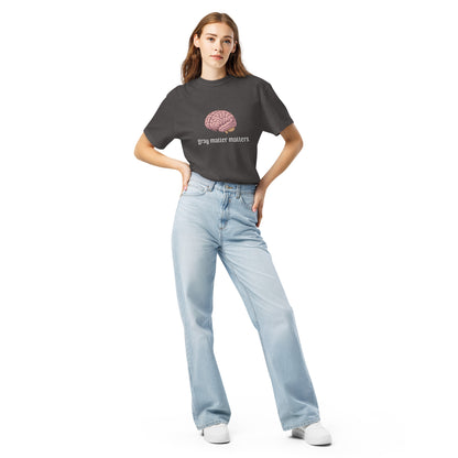 Gray Matter Matters unisex garment-dyed heavyweight T-shirt in dark graphite color, front view showing soft fabric and relaxed fit.