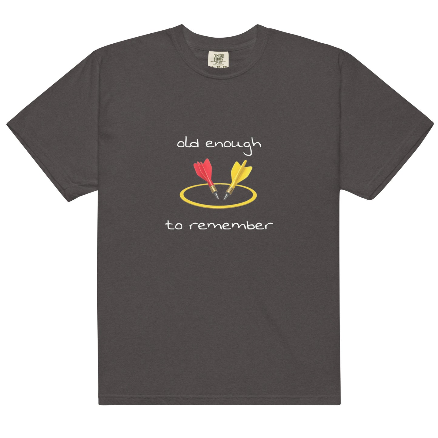Unisex graphite-colored heavyweight T-shirt with "Old enough to remember" slogan, garment-dyed, by wayward.biz.