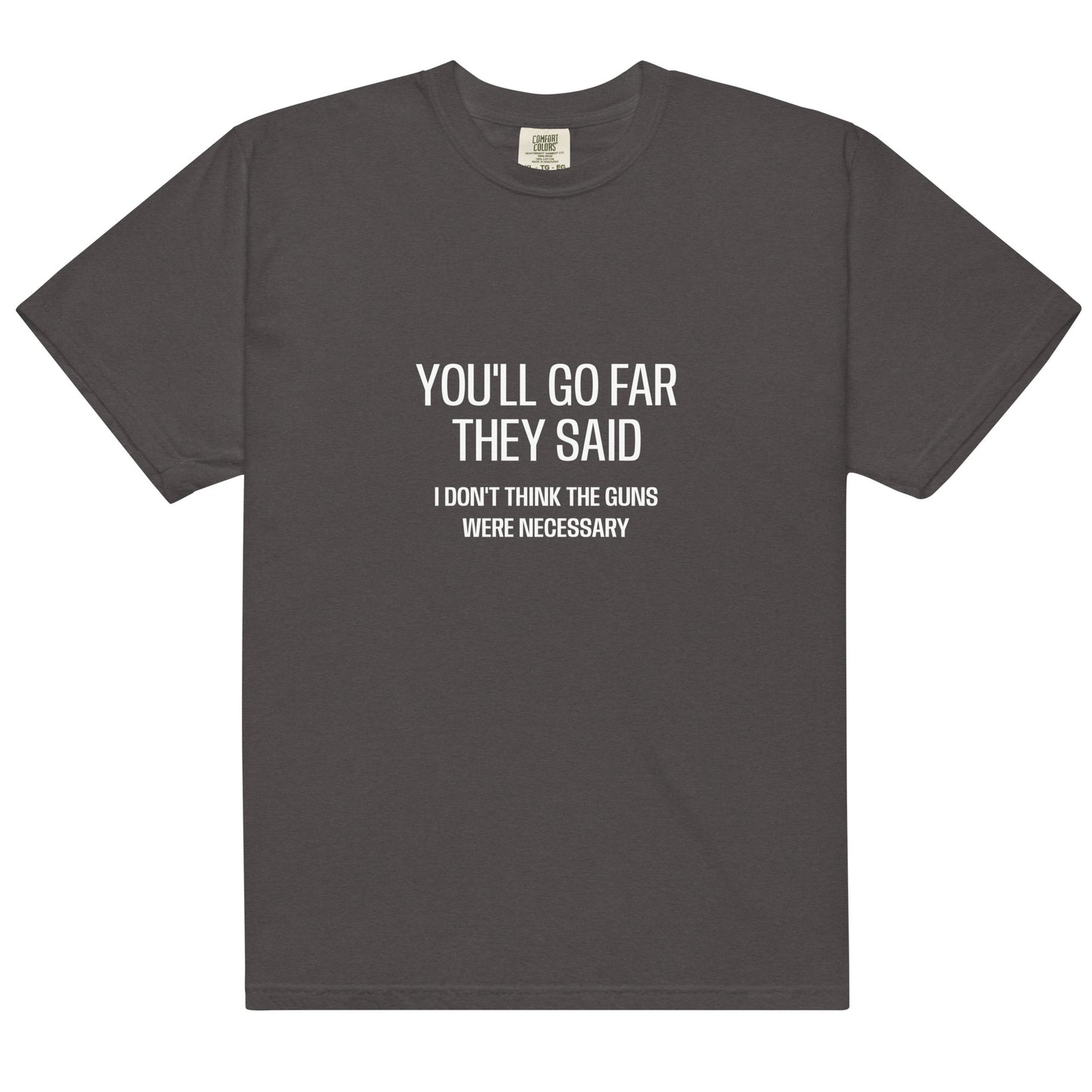 Unisex garment-dyed heavyweight graphite T-shirt from wayward.biz, front view showing soft fabric and casual fit.