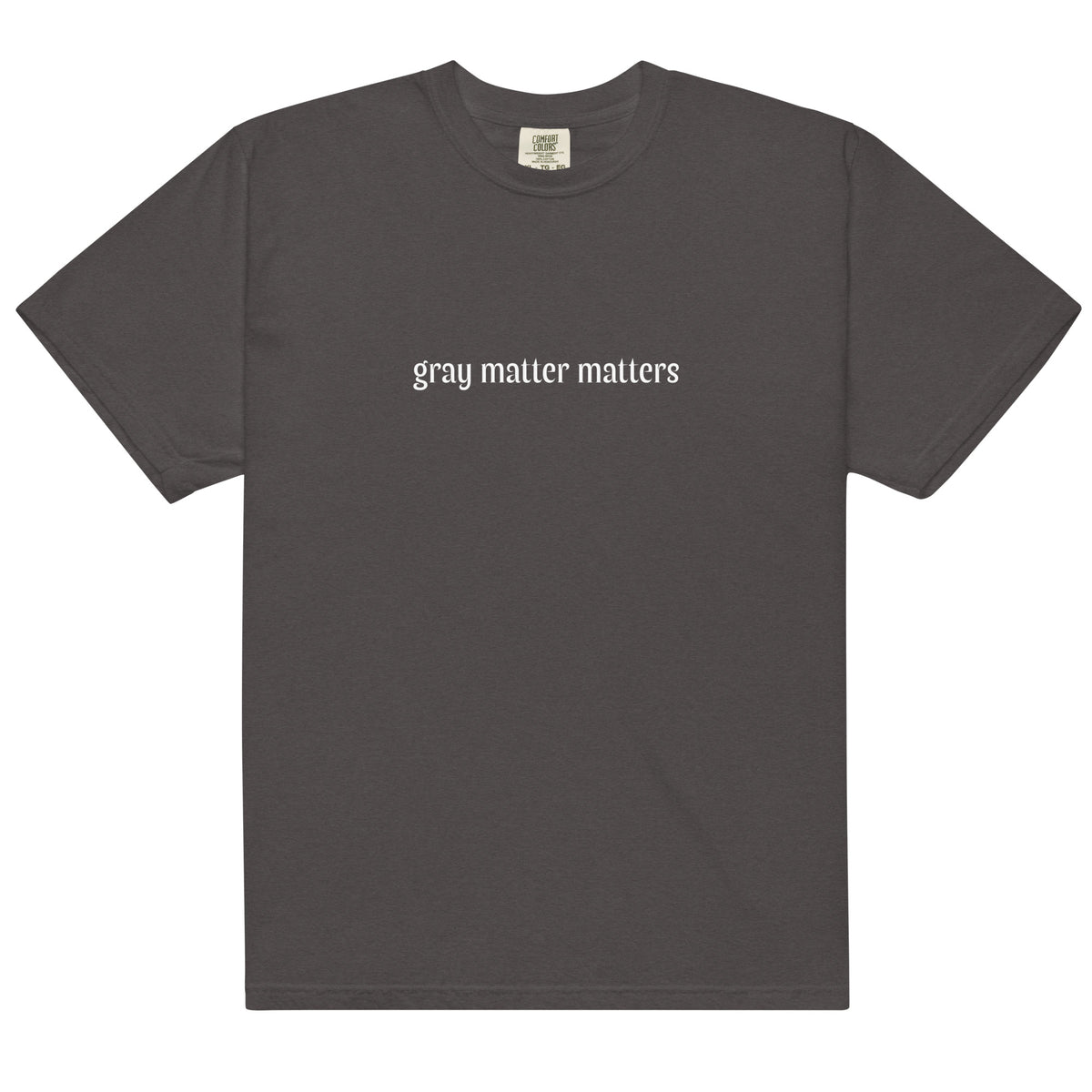 Unisex gray garment-dyed heavyweight T-shirt with crew neck and short sleeves, featuring a smooth fabric finish.