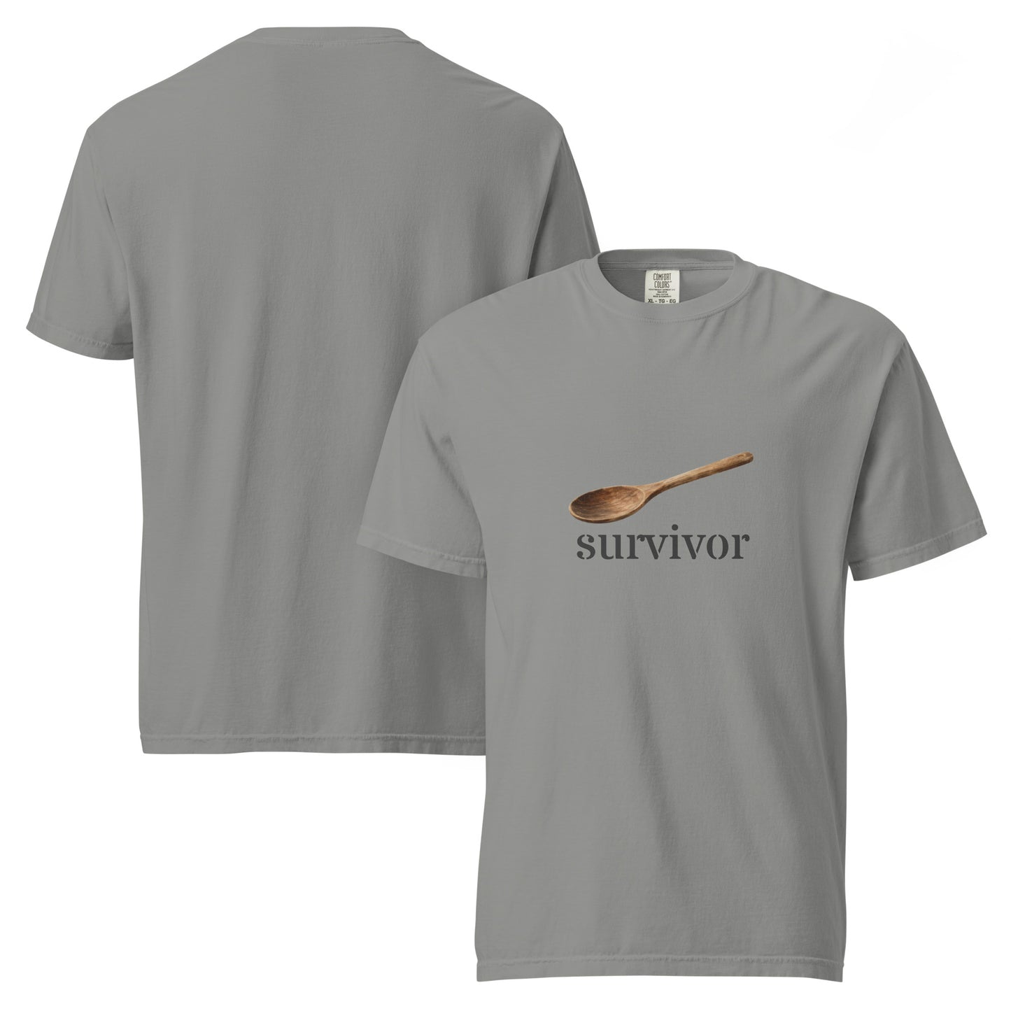 Unisex wooden spoon survivor heavyweight t-shirt by wayward.biz in grey, showing front and back design with garment-dyed fabric.