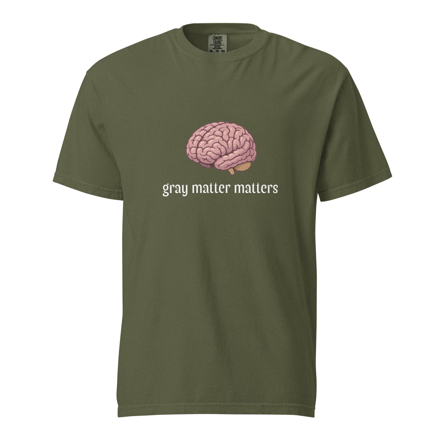 Gray Matter Matters unisex garment-dyed heavyweight hemp T-shirt in dark gray, front view showing comfortable fit and fabric texture.