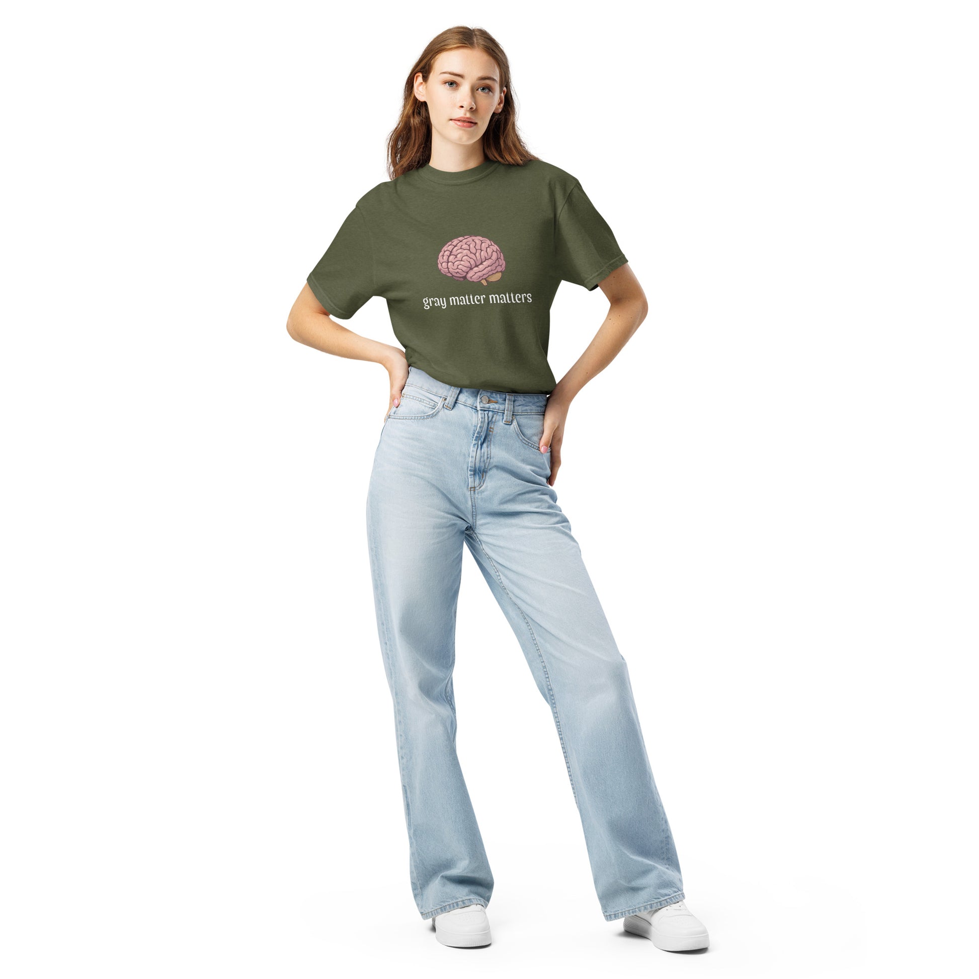 Gray Matter Matters unisex garment-dyed heavyweight hemp T-shirt in dark gray, front view showing relaxed fit and bold text design.
