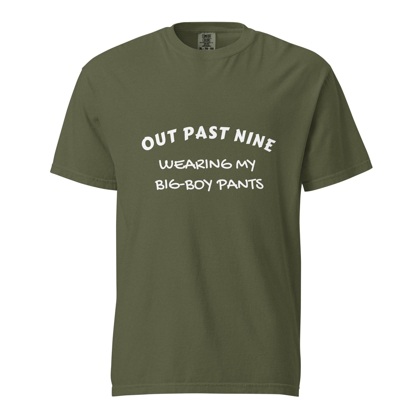 Unisex garment-dyed heavyweight hemp T-shirt featuring the "Out past nine - wearing my big-boy pants" graphic design.