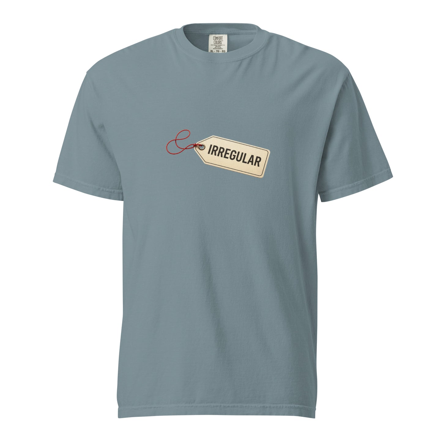 Unisex garment-dyed heavyweight t-shirt in ice blue with front design, made by wayward.biz.