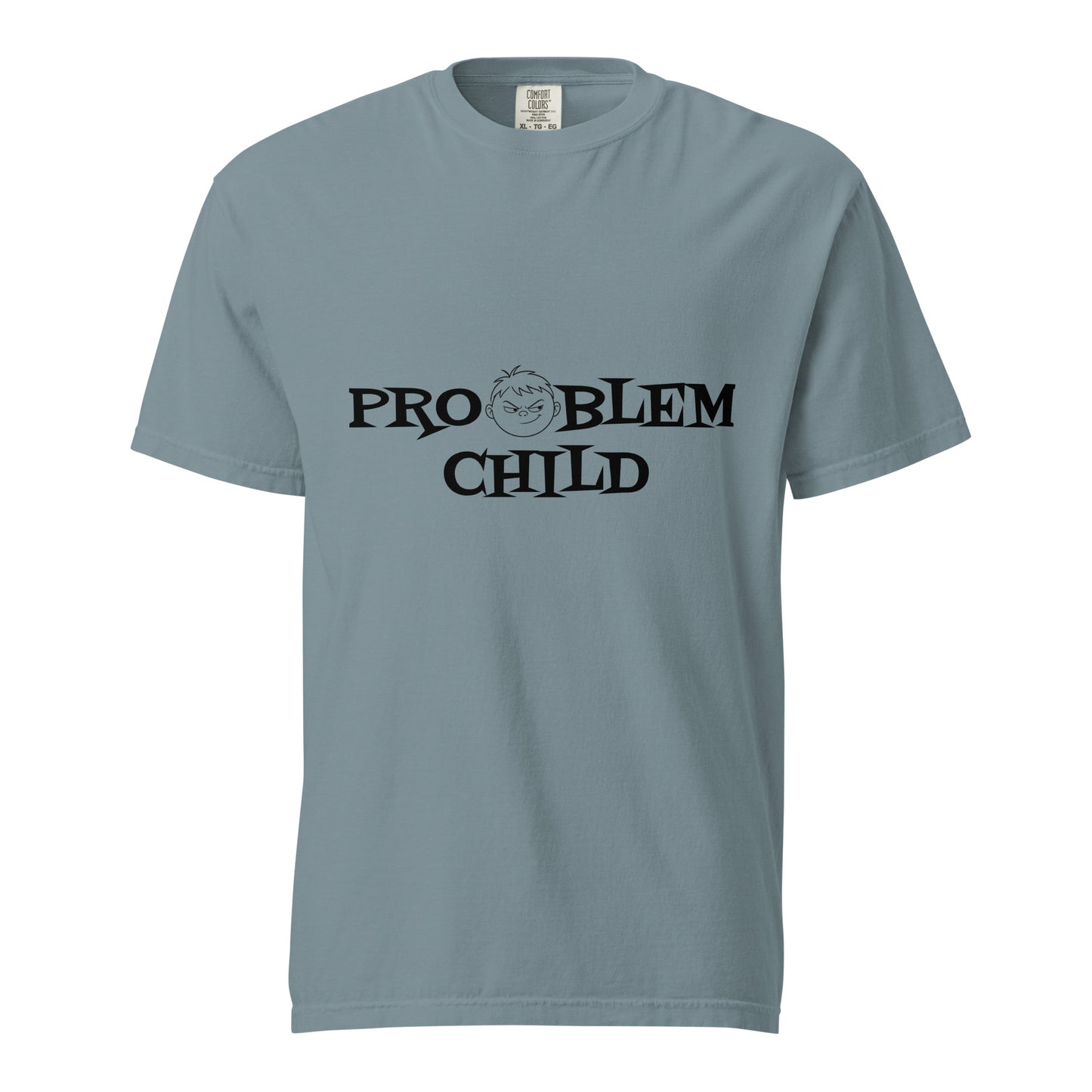 Unisex Problem Child heavyweight T-shirt by wayward.biz in ice blue with front design, garment-dyed for a soft, worn-in look.