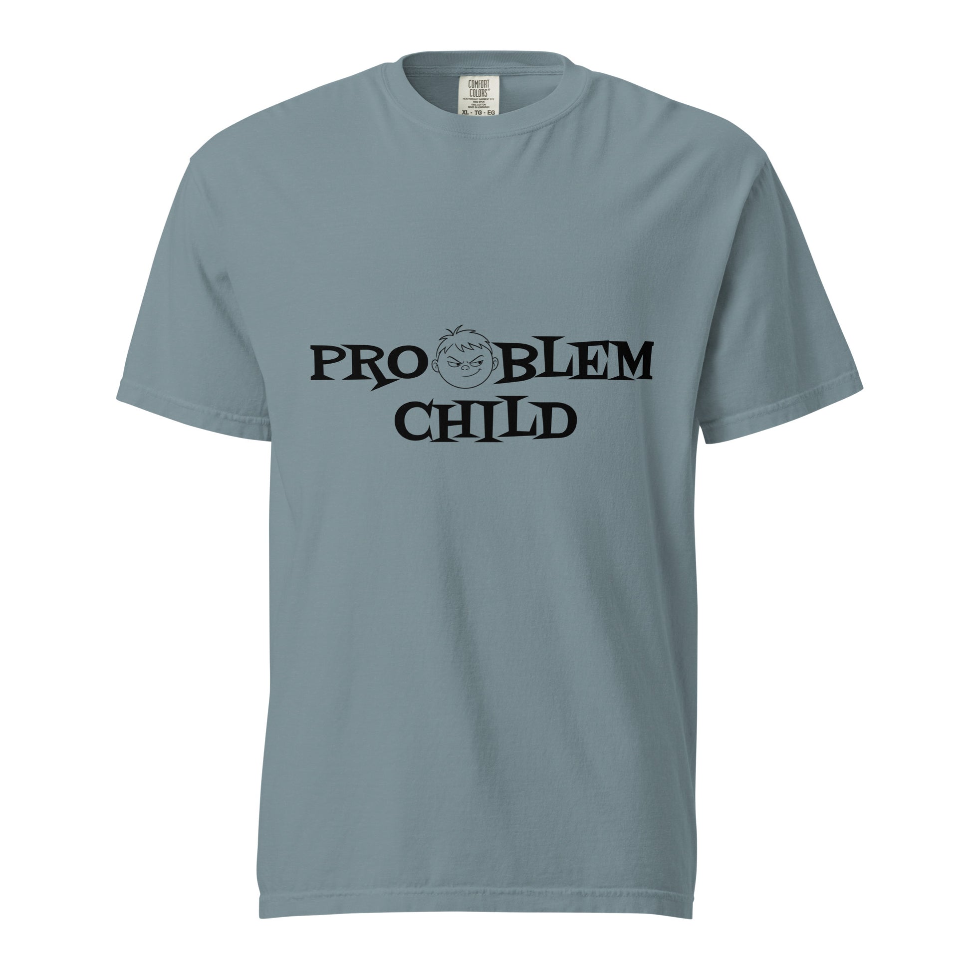 Unisex Problem Child heavyweight T-shirt by wayward.biz in ice blue with front design, garment-dyed for a soft, worn-in look.