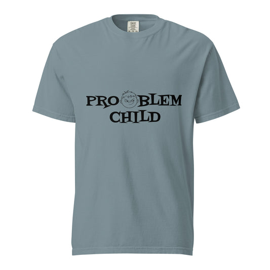 Unisex Problem Child heavyweight T-shirt by wayward.biz in ice blue with front design, garment-dyed for a soft, worn-in look.