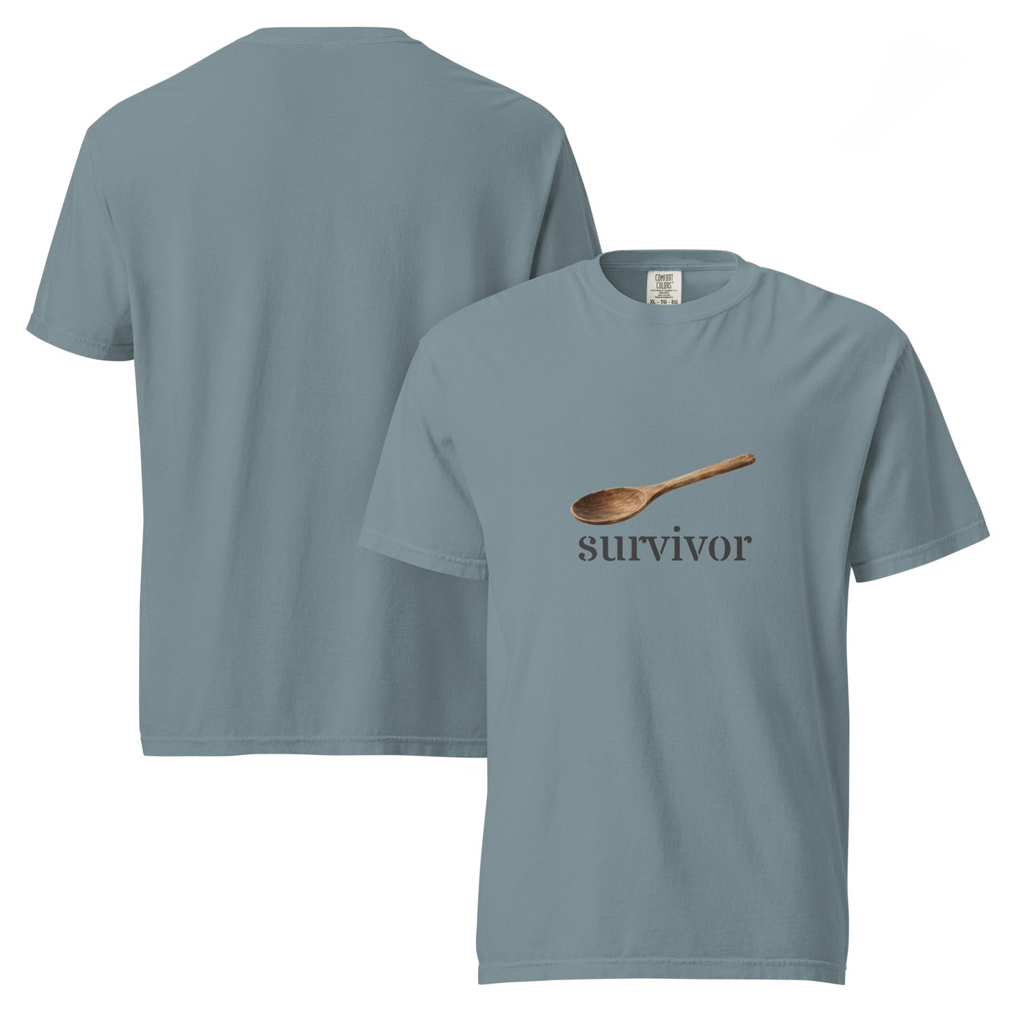 Wayward.biz wooden spoon survivor unisex garment-dyed heavyweight T-shirt in ice blue, front and back view.