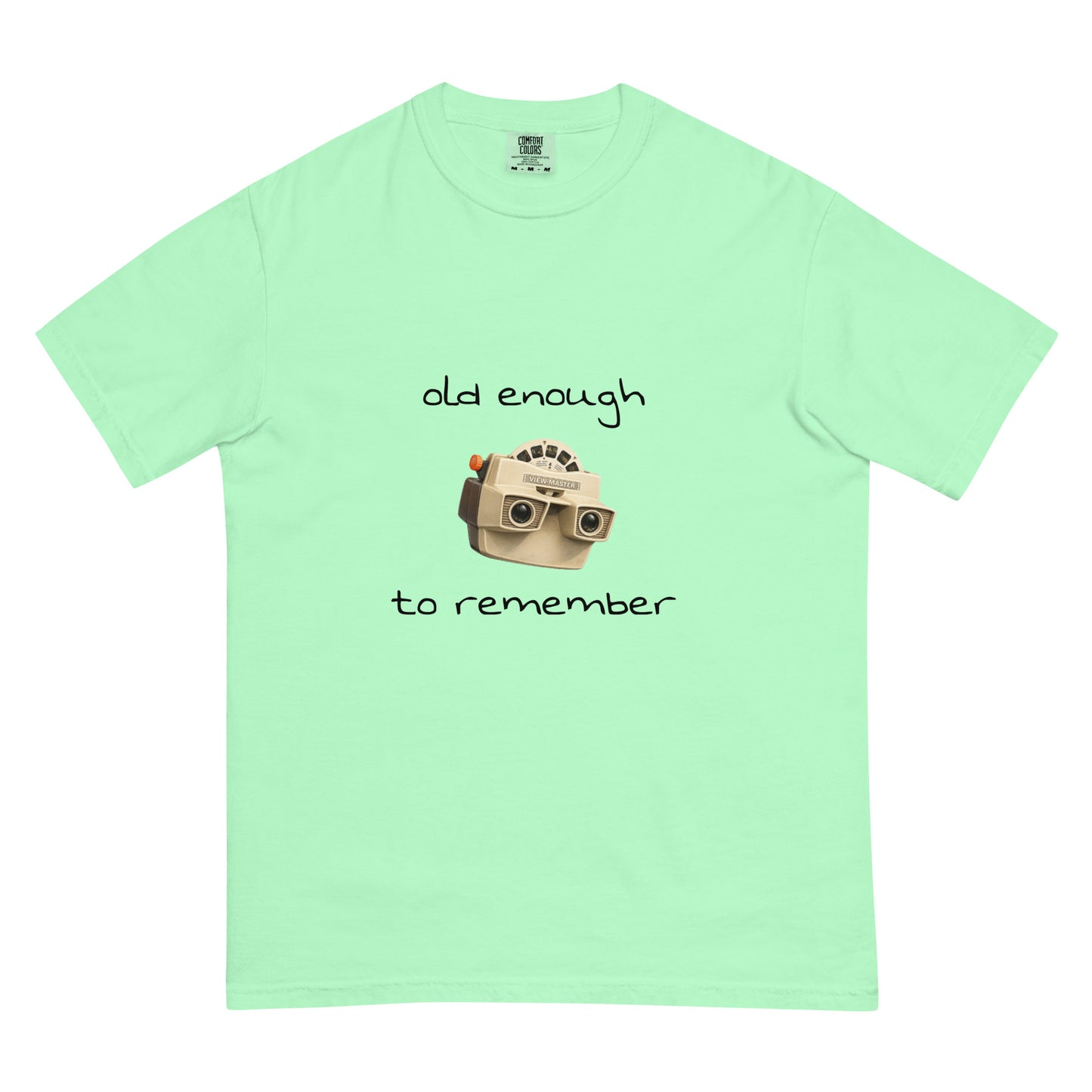 Unisex garment-dyed heavyweight View-Master T-shirt with island reef design, by wayward.biz, front view showing colorful print.