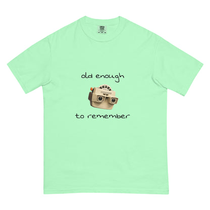 Unisex garment-dyed heavyweight View-Master T-shirt with island reef design, by wayward.biz, front view showing colorful print.