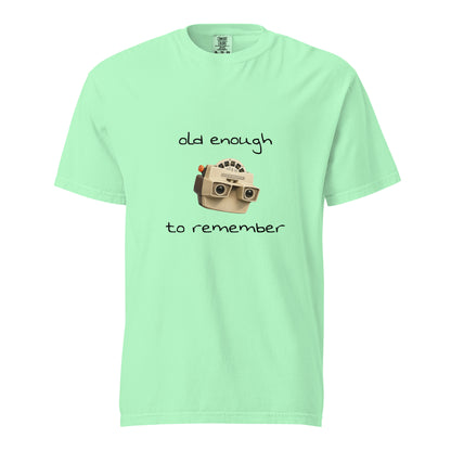 Unisex garment-dyed heavyweight View-Master T-shirt with island reef graphic, by wayward.biz, front view showing vibrant design.