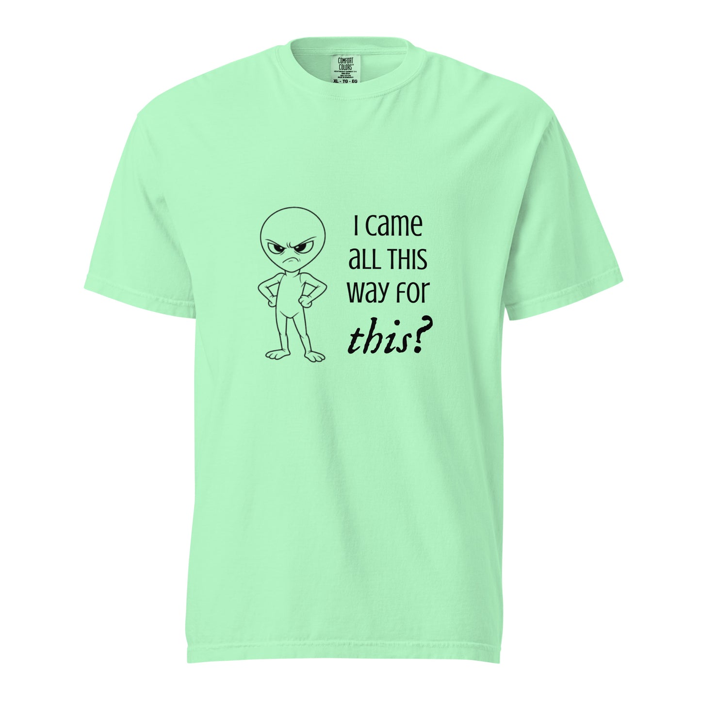 Unisex heavyweight T-shirt by wayward.biz with a distressed alien graphic on front, garment-dyed in island reef color.