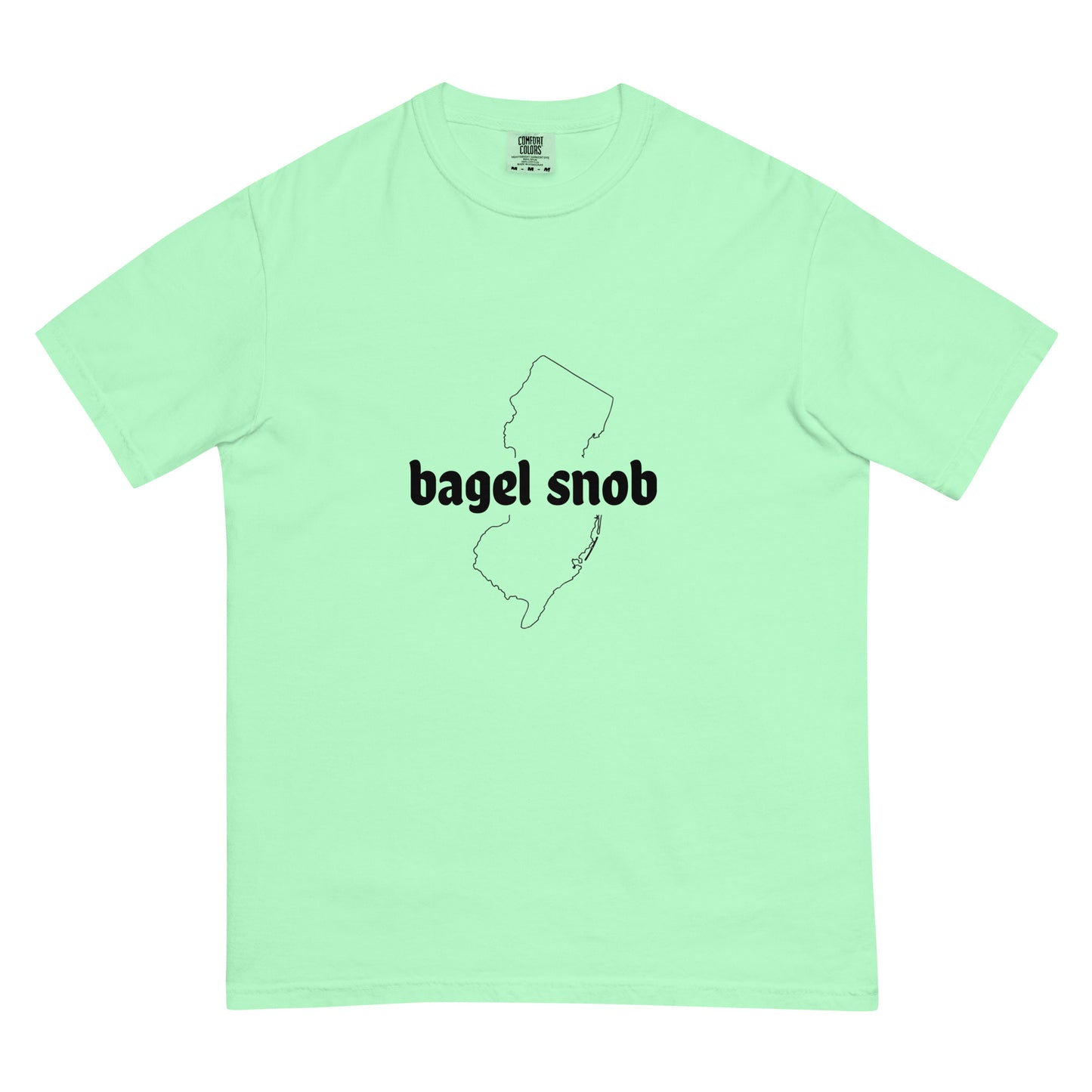 Unisex Bagel Snob heavyweight garment-dyed T-shirt in island reef color, featuring a front design.