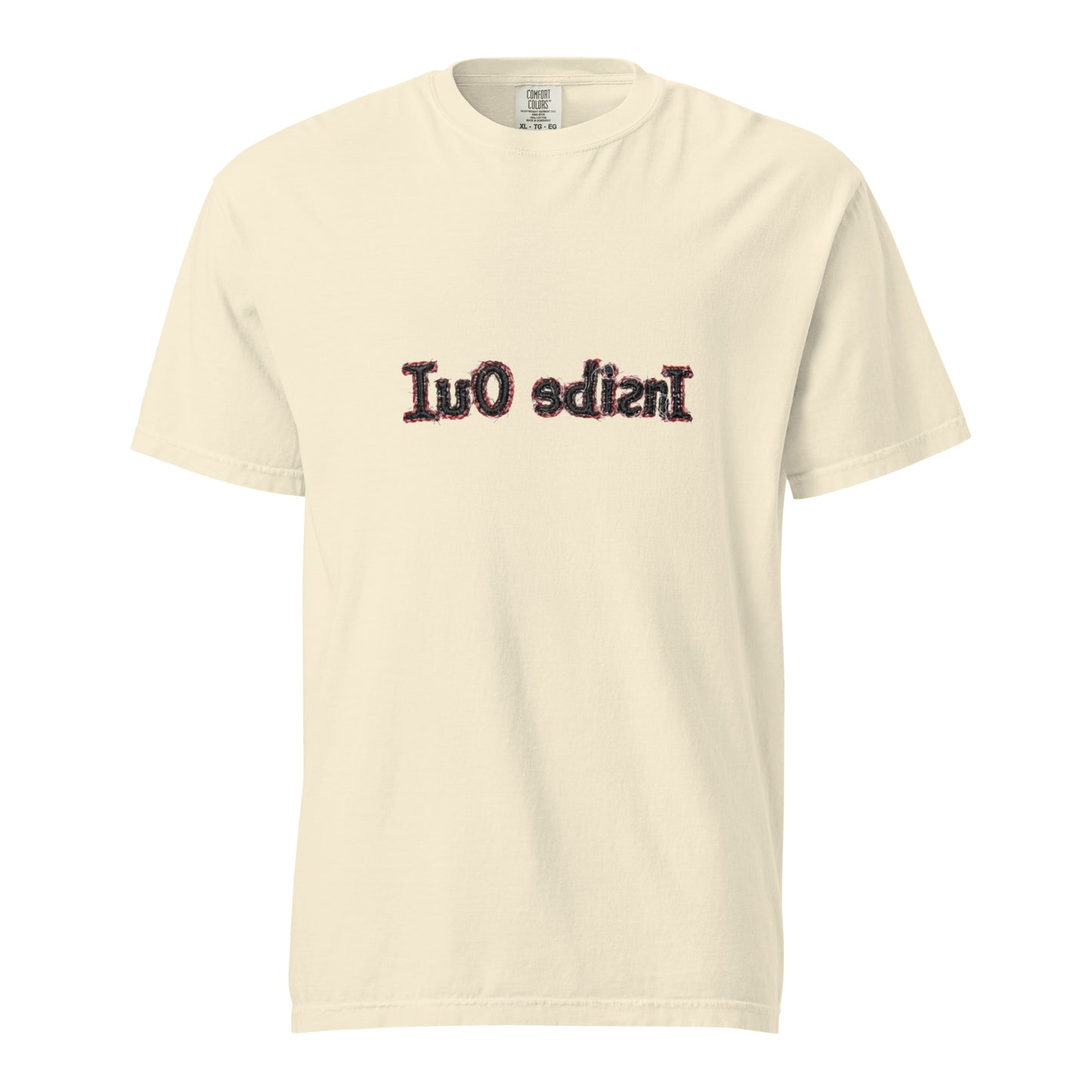 Unisex "Inside Out" garment-dyed heavyweight T-shirt by wayward.biz, ivory color, front view showing soft fabric and relaxed fit.