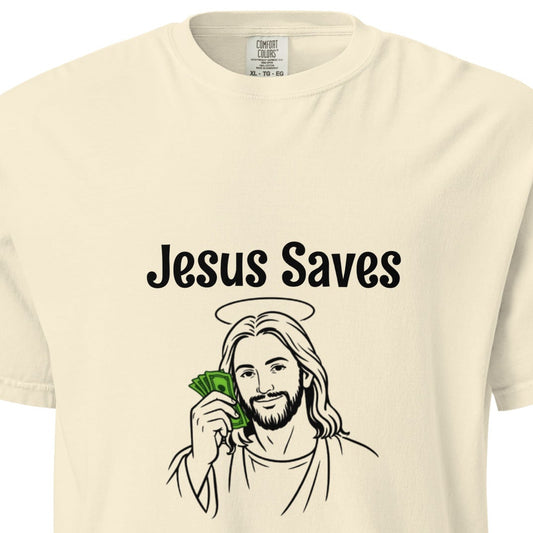 Unisex Jesus Saves heavyweight garment-dyed T-shirt in ivory, front view, casual and comfortable style.