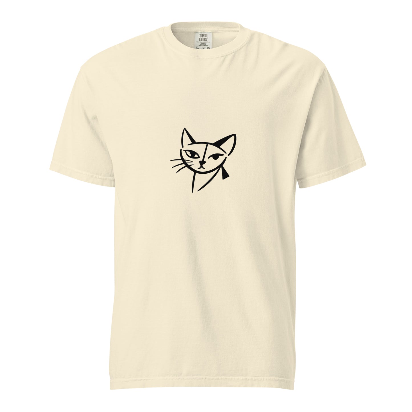 Unisex Feline face heavyweight garment-dyed T-shirt in ivory, featuring a printed feline design on the front.