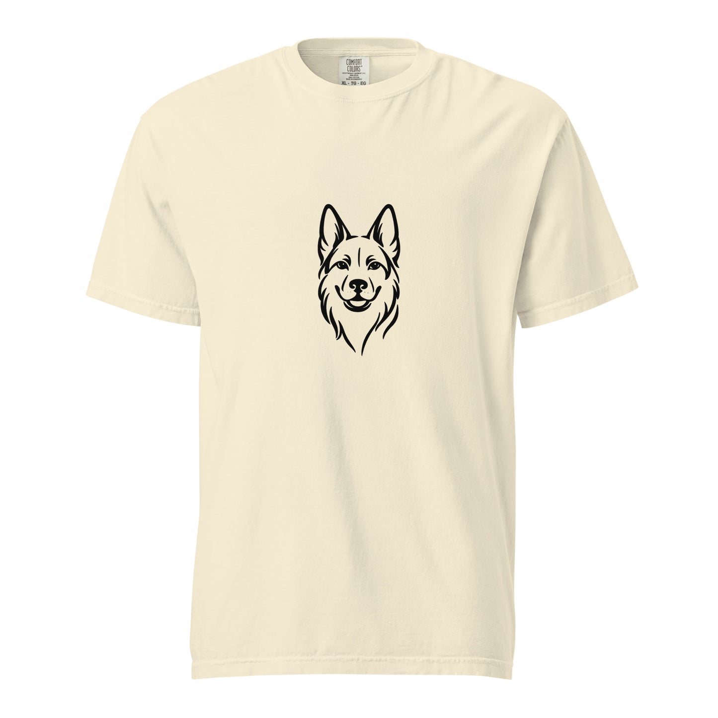 Unisex German Shepherd graphic T-shirt by wayward.biz, heavyweight, garment-dyed in ivory, front view showing soft fabric and design.