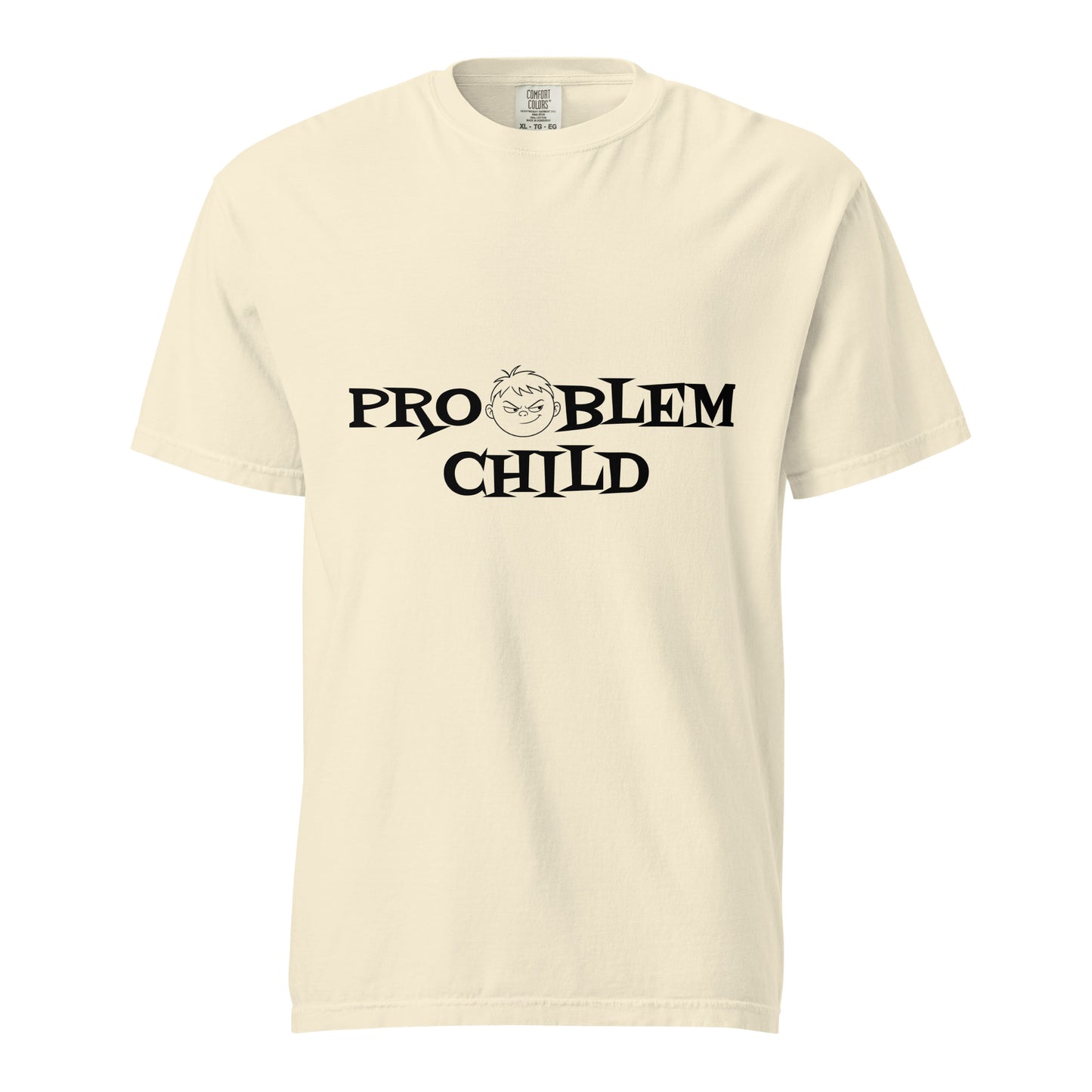 Unisex ivory garment-dyed heavyweight T-shirt by Problem Child, front view showing soft fabric and classic fit.