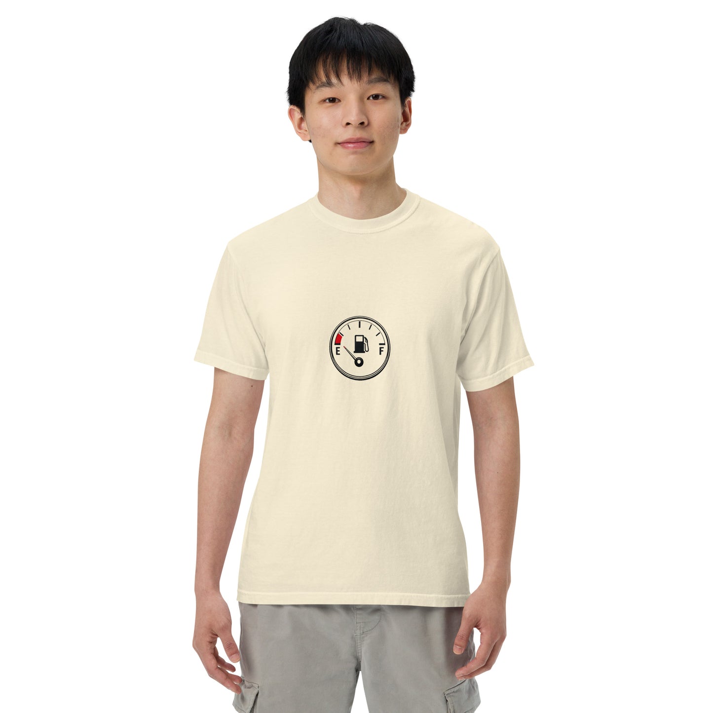Unisex garment-dyed heavyweight ivory T-shirt from Running on Empty by wayward.biz, front view showing soft fabric texture.