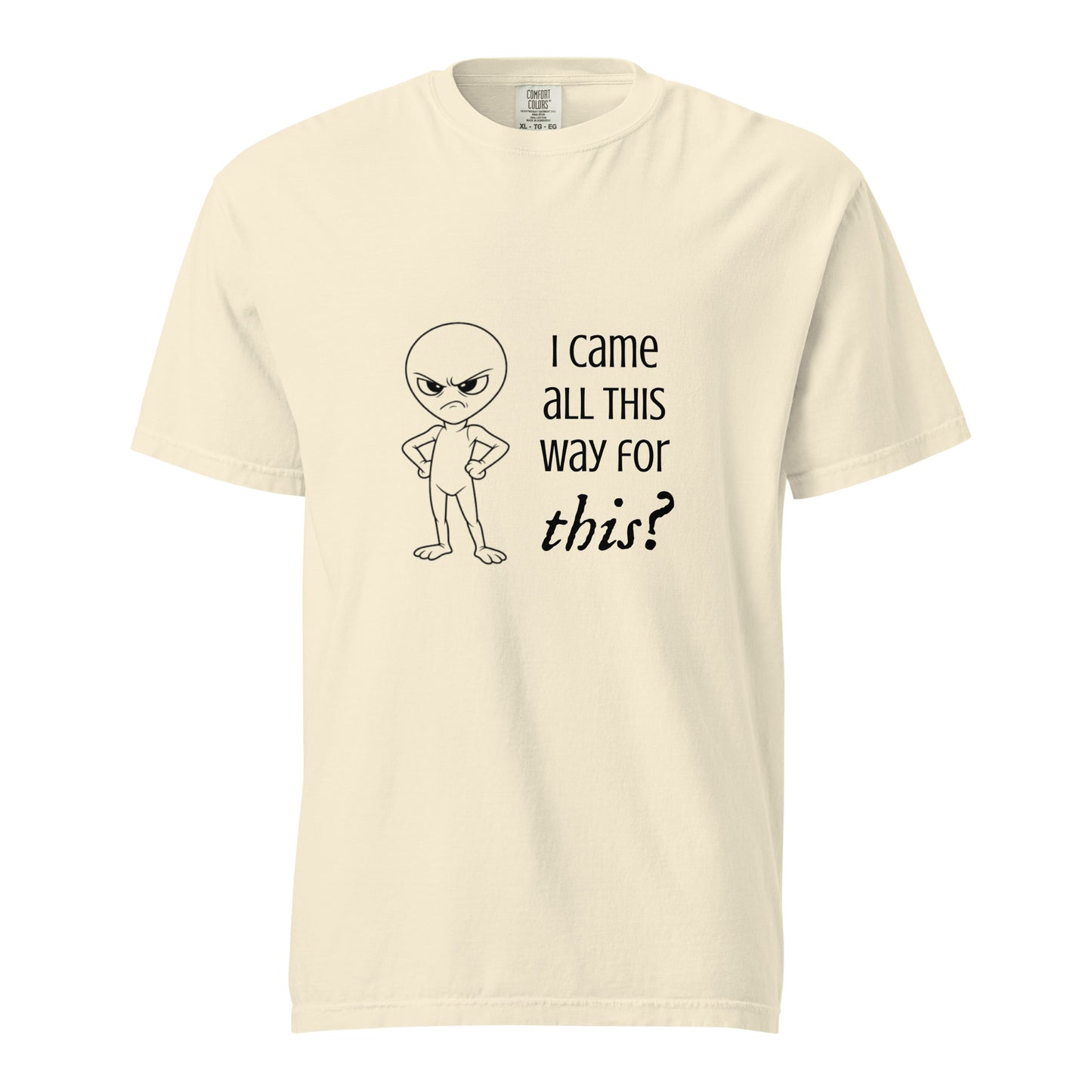 Unisex angry alien T-shirt by wayward.biz, heavyweight garment-dyed T-shirt in ivory with a graphic design on the front.