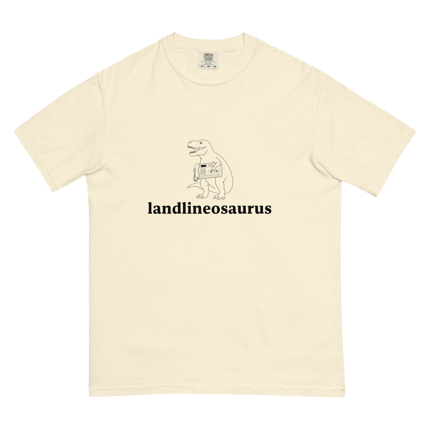 Unisex Landlineosaurus heavyweight garment-dyed T-shirt in ivory, front view, made by wayward.biz, soft and durable casual wear.