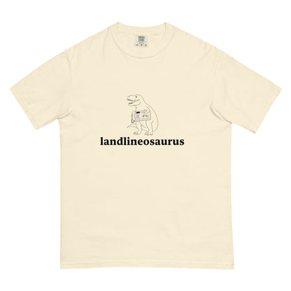 Unisex Landlineosaurus heavyweight garment-dyed T-shirt in ivory, front view, made by wayward.biz, soft and durable casual wear.