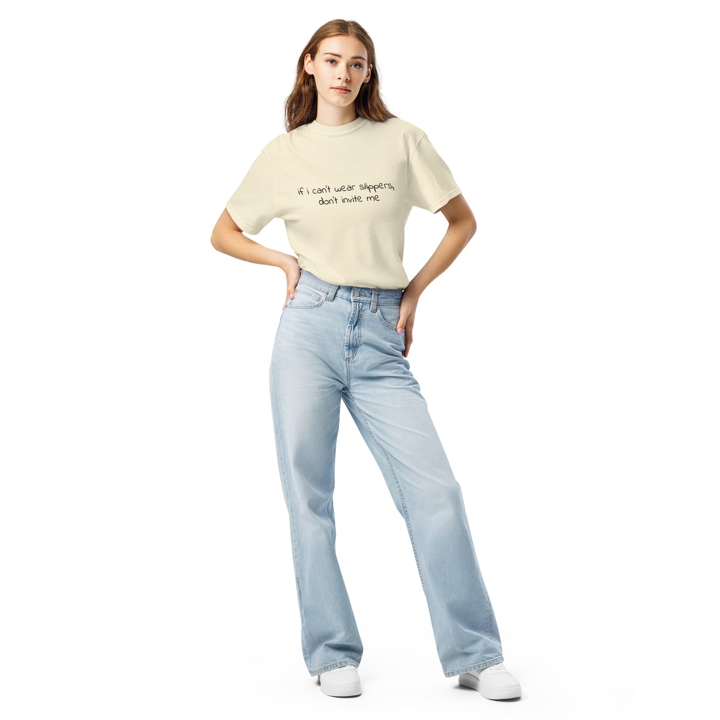 Unisex ivory heavyweight garment-dyed T-shirt with printed text, casual style, from Wayward.biz, shown from the front.