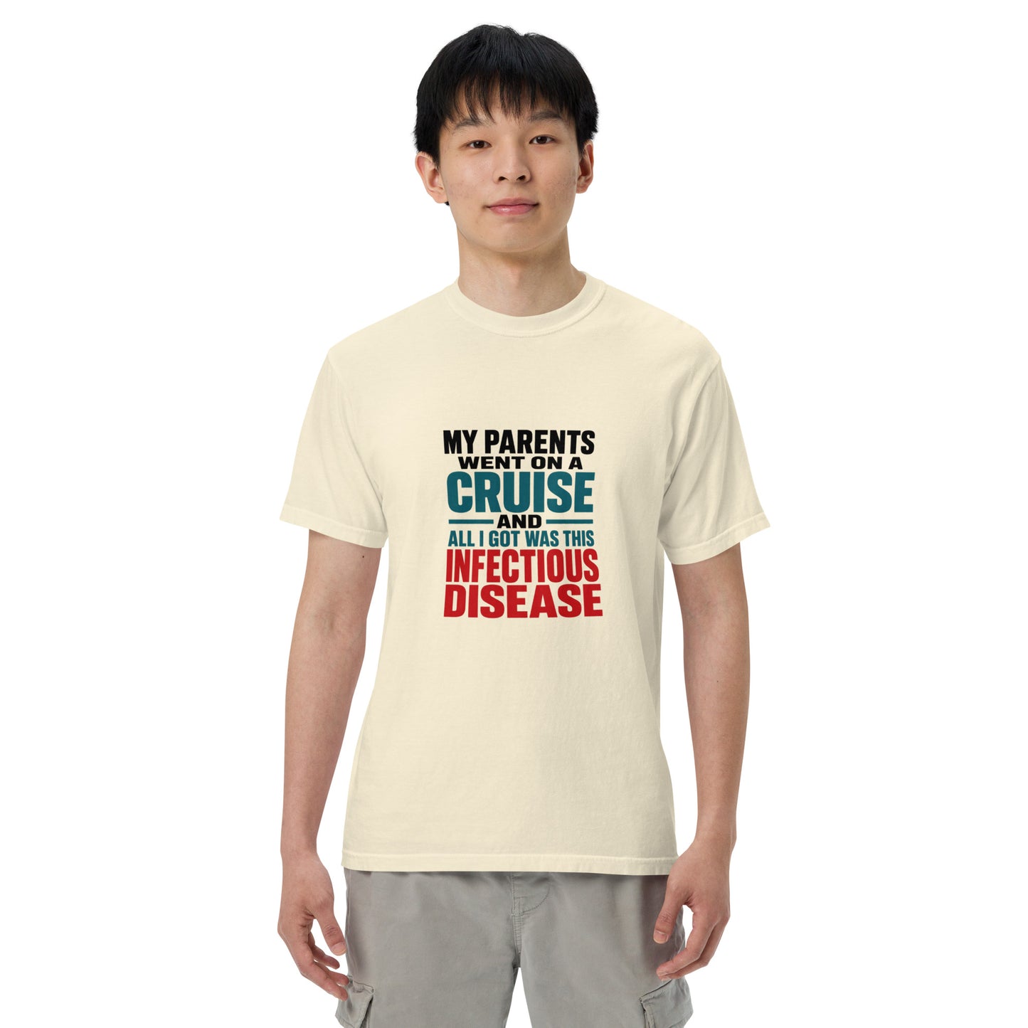 Unisex ivory garment-dyed heavyweight T-shirt with infectious disease print from wayward.biz, front view showing casual style.