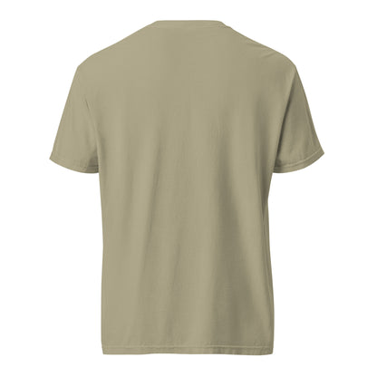 Unisex garment-dyed heavyweight khaki T-shirt with "Old enough to remember" print, featuring a relaxed fit and casual style.