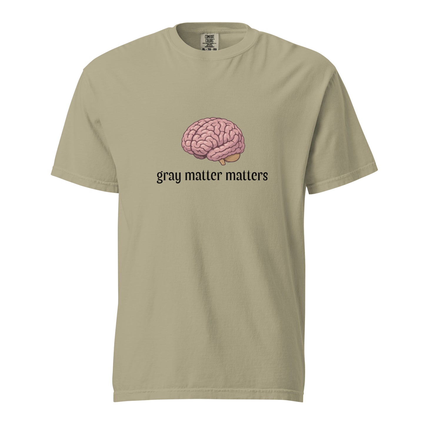Gray Matter Matters unisex garment-dyed heavyweight T-shirt in light khaki, front view showcasing soft, durable fabric and relaxed fit.