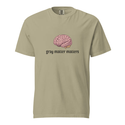 Gray Matter Matters unisex garment-dyed heavyweight T-shirt in light khaki, front view showcasing soft, durable fabric and relaxed fit.