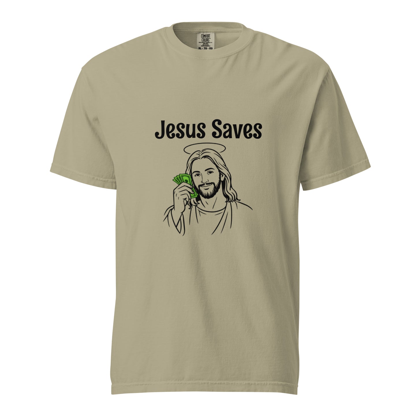 Unisex Jesus Saves heavyweight garment-dyed T-shirt in khaki with front graphic, made by wayward.biz.