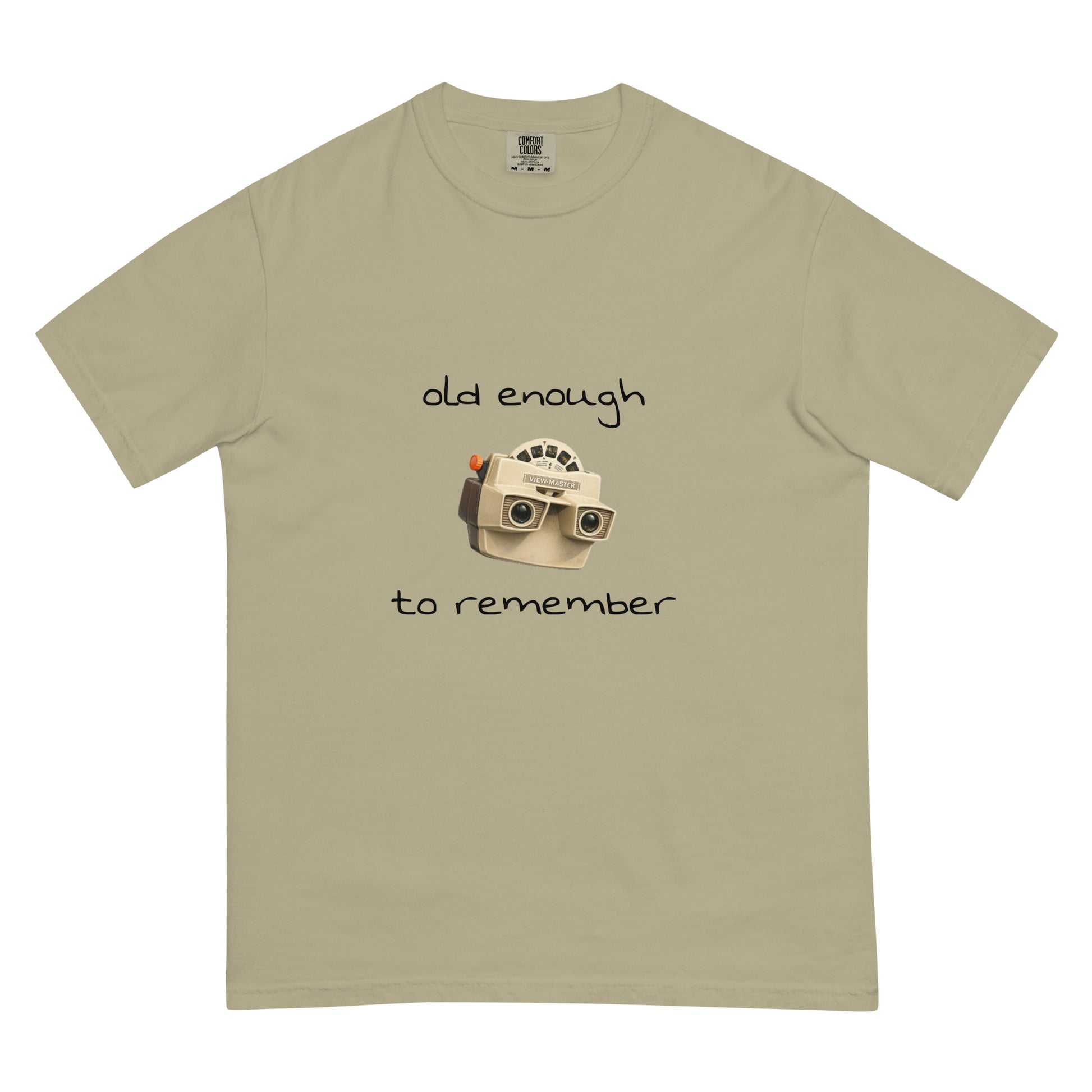 Unisex khaki View-Master heavyweight t-shirt by wayward.biz, featuring a garment-dyed fabric and classic front design.