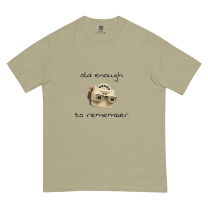 Unisex khaki View-Master heavyweight t-shirt by wayward.biz, featuring a garment-dyed fabric and classic front design.