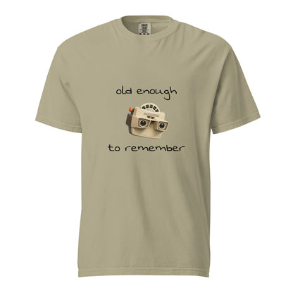 Unisex khaki View-Master heavy-weight T-shirt by wayward.biz, with front design, made from garment-dyed durable fabric.