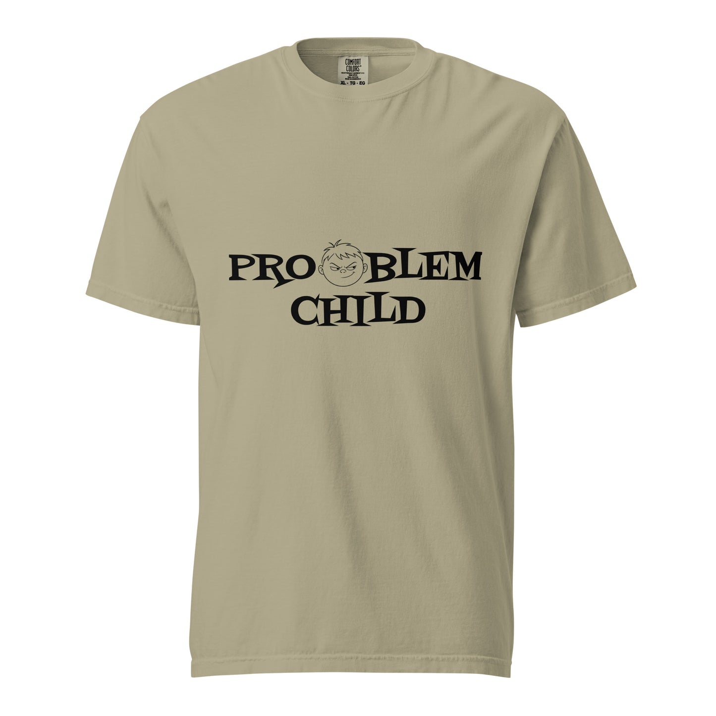 Unisex Problem Child heavyweight T-shirt by wayward.biz in khaki, garment-dyed fabric with a front view.